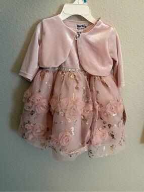 Blueberi Boulevard 2-piece pink velvet lace tulle dress and cardigan set — 3-6 M